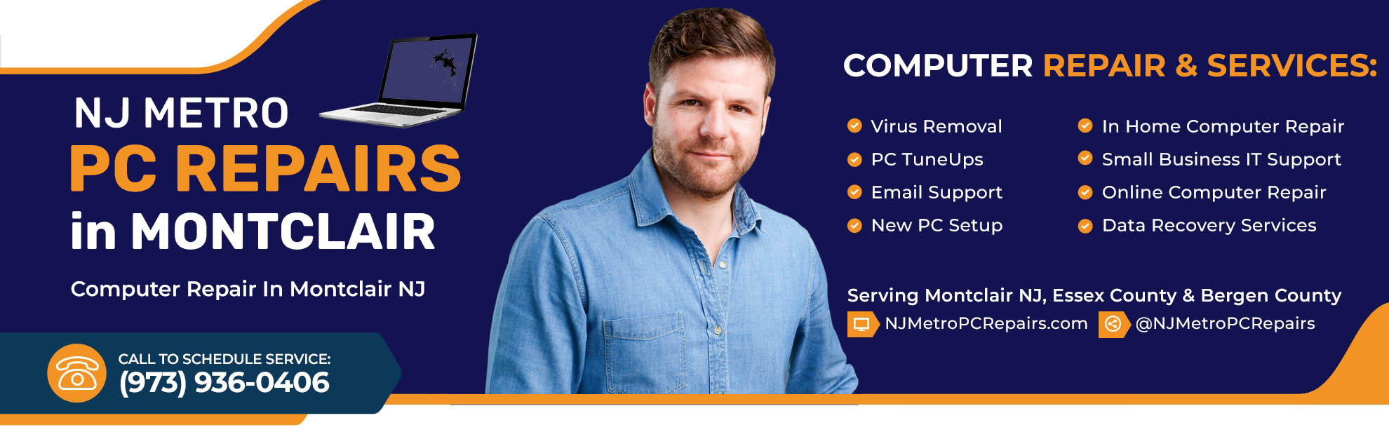 Homepage banner with confident smiling computer technician and a list of their computer repair services in Montclair